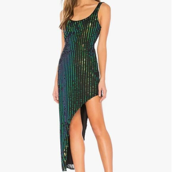 h:ours NWT Revolve Zafiro Sequin Green Iridescent Asymmetric Hem Midi Dress - Picture 2 of 10